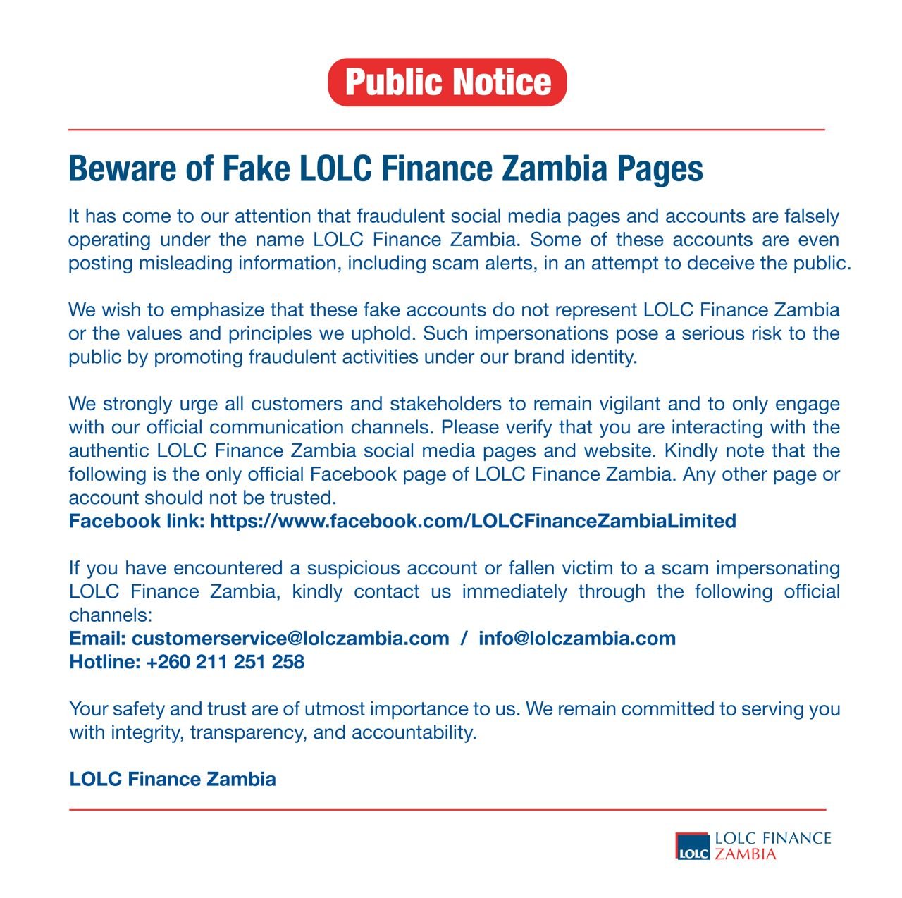 Beware of Fake LOLC Finance Zambia Pages